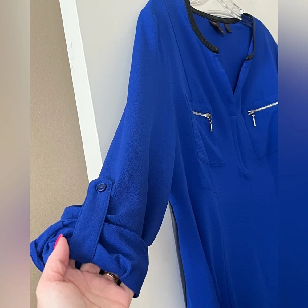 Rafaella Elegant Royal Blue Women's Blouse Roll Up Sleeves Size Large - Picture 8 of 16